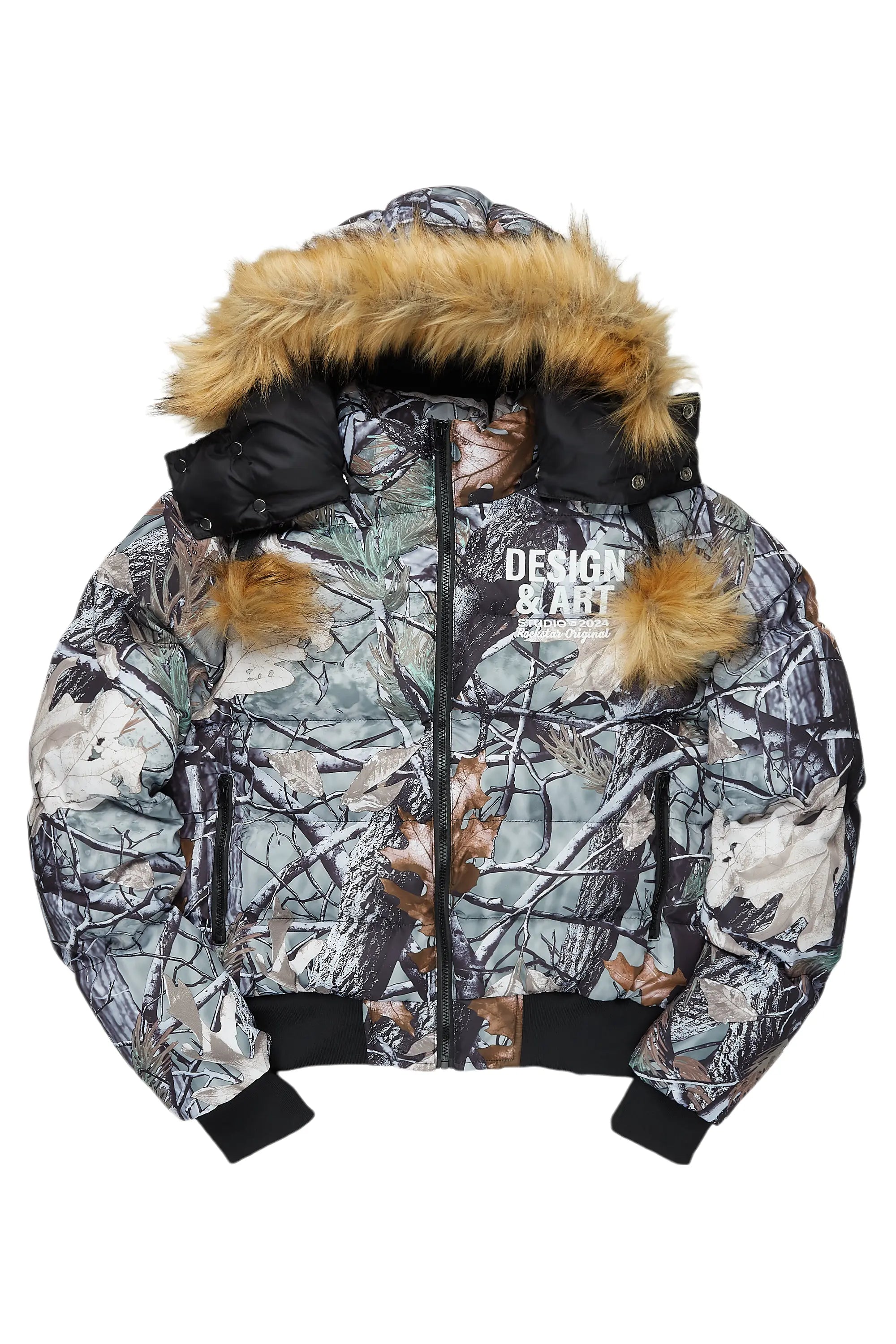 Multifunctional Style Benita Grey Tree Camo Puffer Jacket