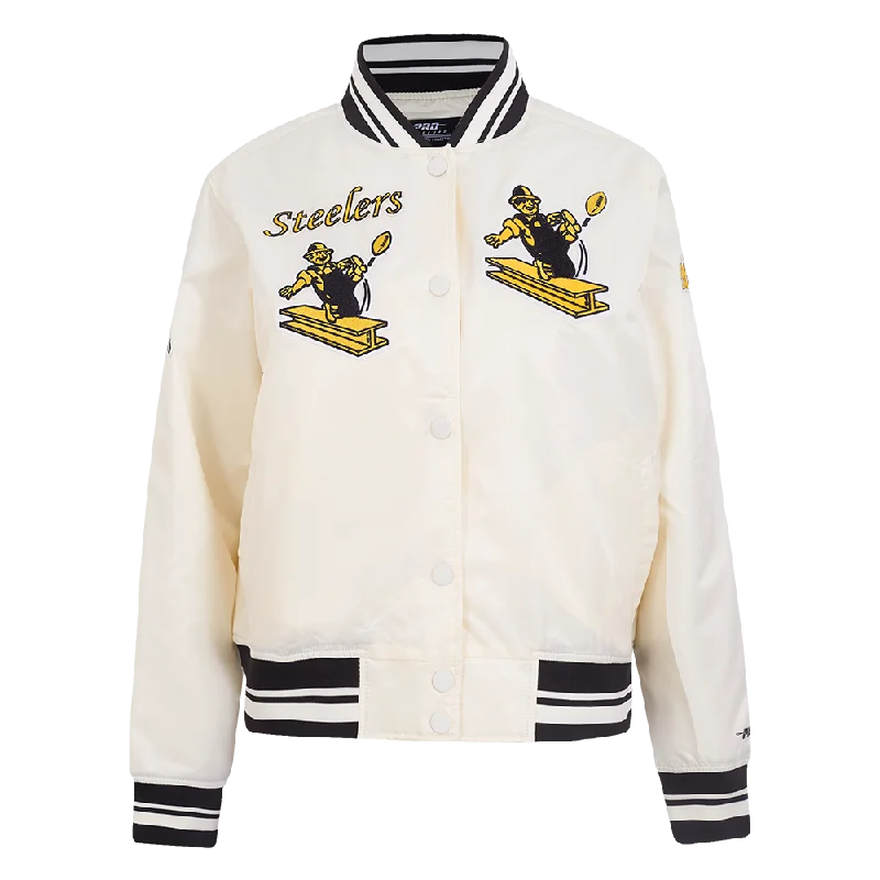Sports Fitness Wear NFL PITTSBURGH STEELERS RETRO CLASSIC WOMEN'S RIB SATIN JACKET (EGGSHELL/ BLACK)