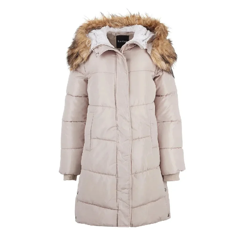 Elegant Outline Bebe Women's Long Puffer with Faux Fur Trim Hood