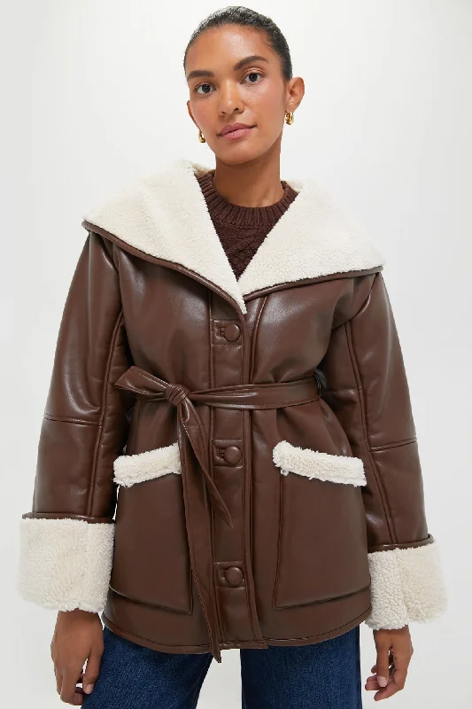Elegant Design Brown and Ivory Vegan Leather Bonded Faux Fur Jacket