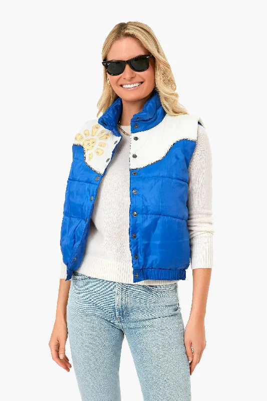 Elegant And Charming Blue Pascala Print Puffer Vest