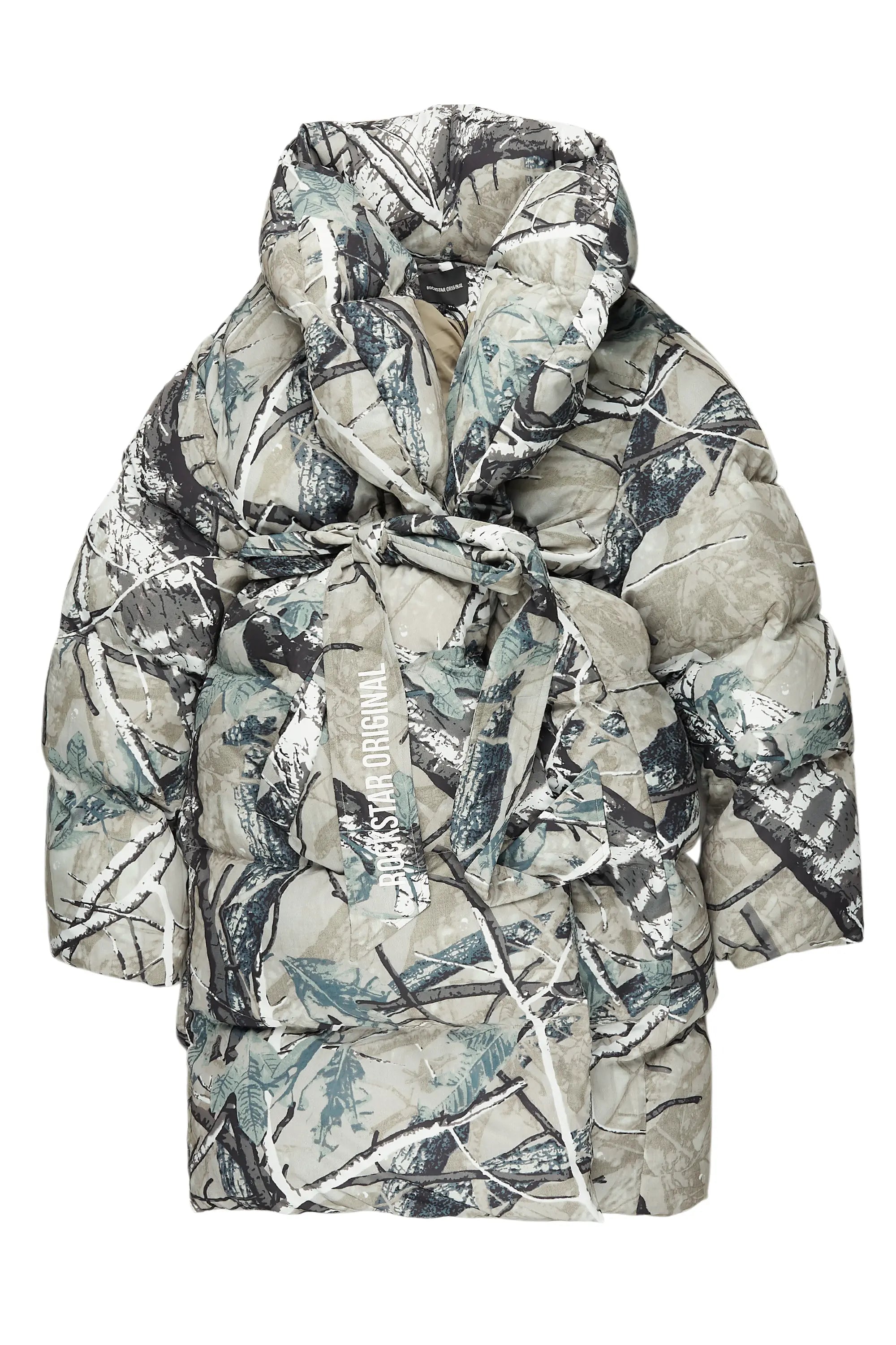 Celebrity Style Sehrazat Tree Camo Long Wrap Puffer Jacket
