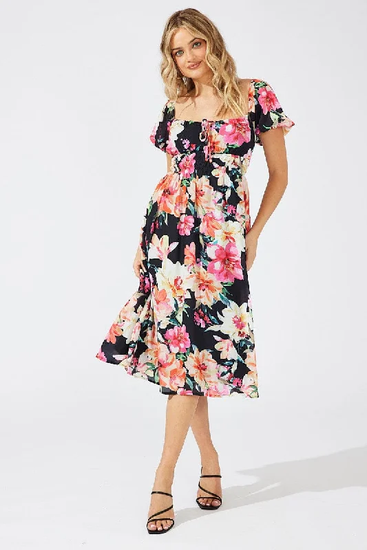Fresh Comfort Black Floral Midi Dress Short Sleeve Ruched Bust