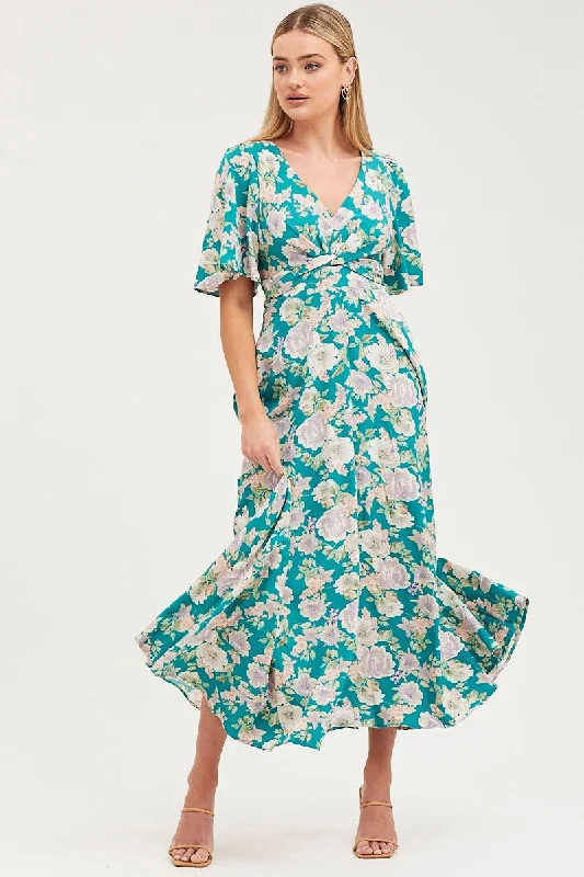 Cool Style Print Dress Short Sleeve Maxi V Neck Polyester