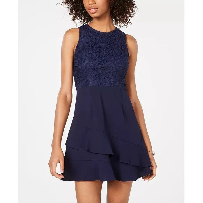 Street Fashion Speechless Juniors' Lace-Trim Ruffled Fit & Flare Dress Navy Size M - Medium Street Fashion Speechless Juniors' Lace-Trim Ruffled Fit & Flare Dress Navy Size M - Medium