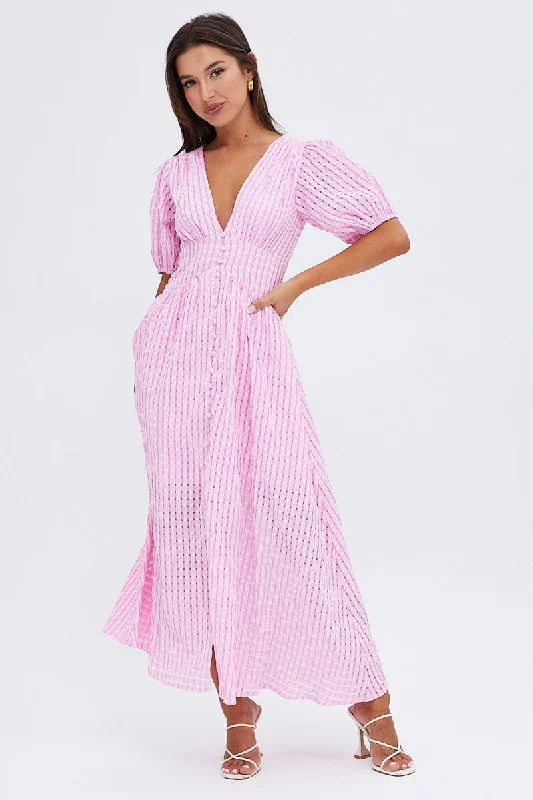 Fashion Classic Pink Check Midi Dress Puff Sleeve V-Neck