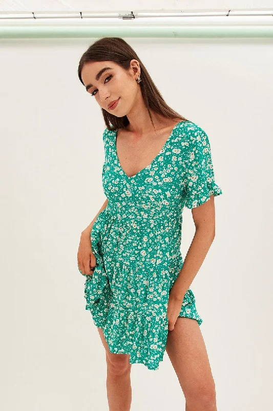 Everyday Comfort Floral Print Sun Dress Mini Short Sleeve V Neck