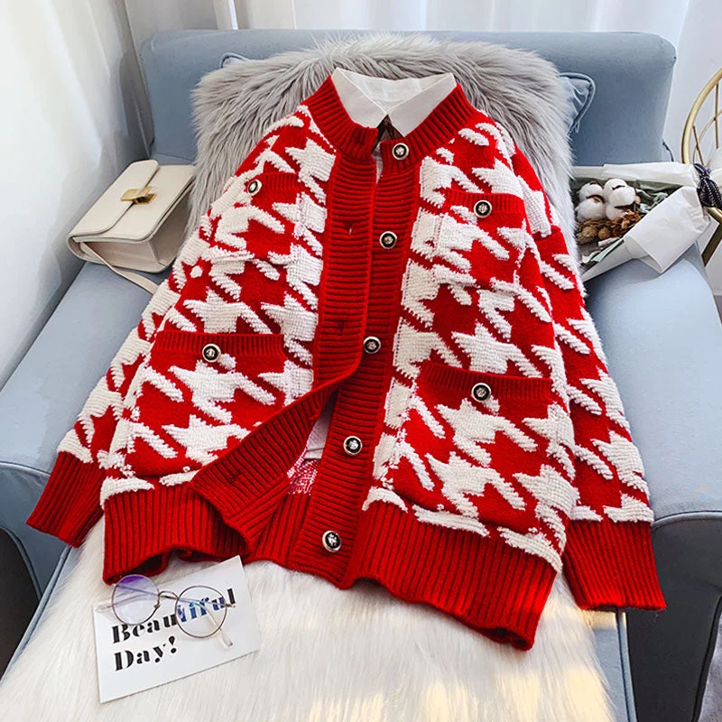 Cozy Shirts Qianniao check cardigan sweater xiaoxiangfeng knitted coat  5087