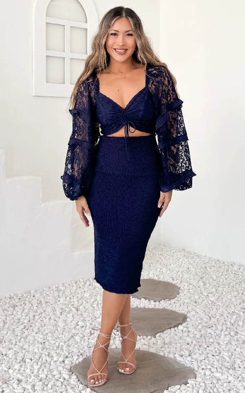 Cozy Dress Leona Lace Sleeve Midi Dress - Navy