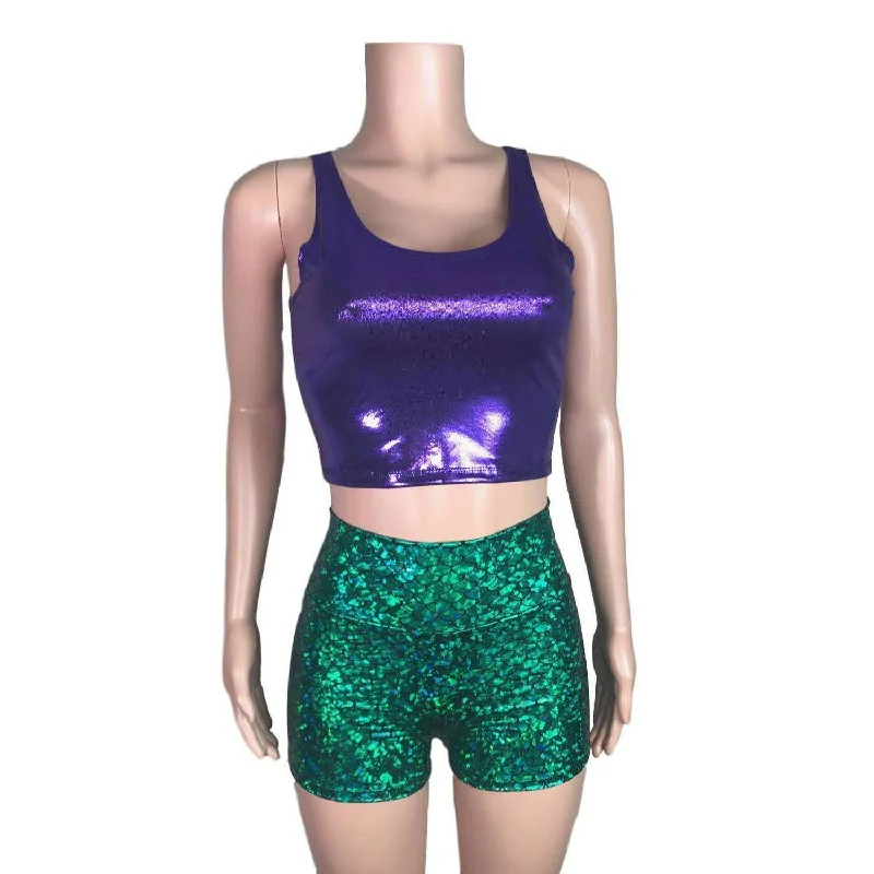 Knitted Design Mermaid Costume - green mermaid scales Booty Shorts and purple crop top outift - Clubwear, Rave Wear, Mini Circle Skirt Knitted Design Mermaid Costume - green mermaid scales Booty Shorts and purple crop top outift - Clubwear, Rave Wear, Mini Circle Skirt