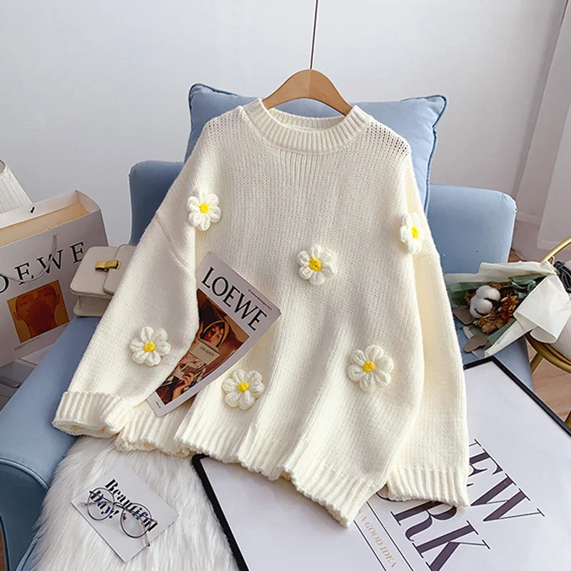 Street Casual Style Design sense niche Japanese cute three-dimensional flower sweater  5081