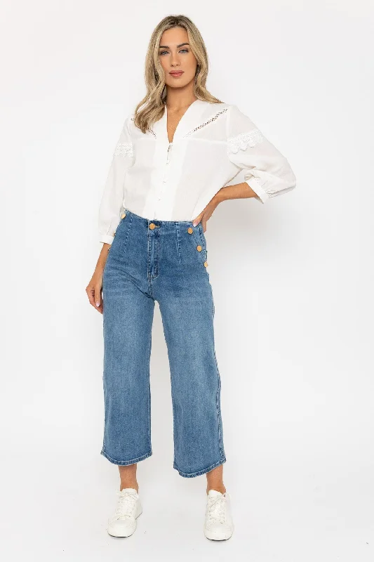 Comfortable Fashion Wide Leg Cropped Jeans in Blue Denim