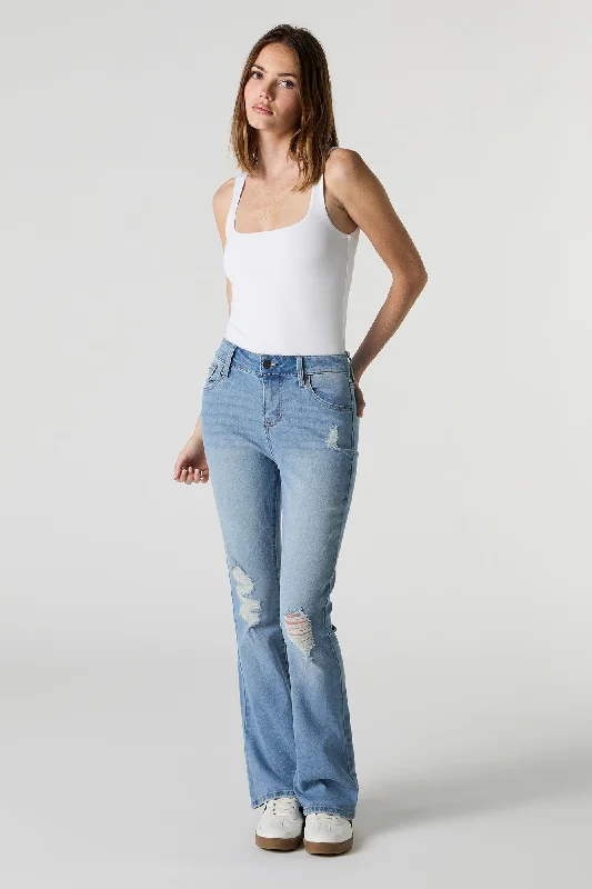 Fashionable Inner Wear Medium Wash Distressed Flare Jean